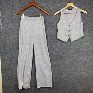 Saints 21 Grey Glen Plaid 2 Piece Set Cropped Vest Wide Leg Pants Small AS405-1